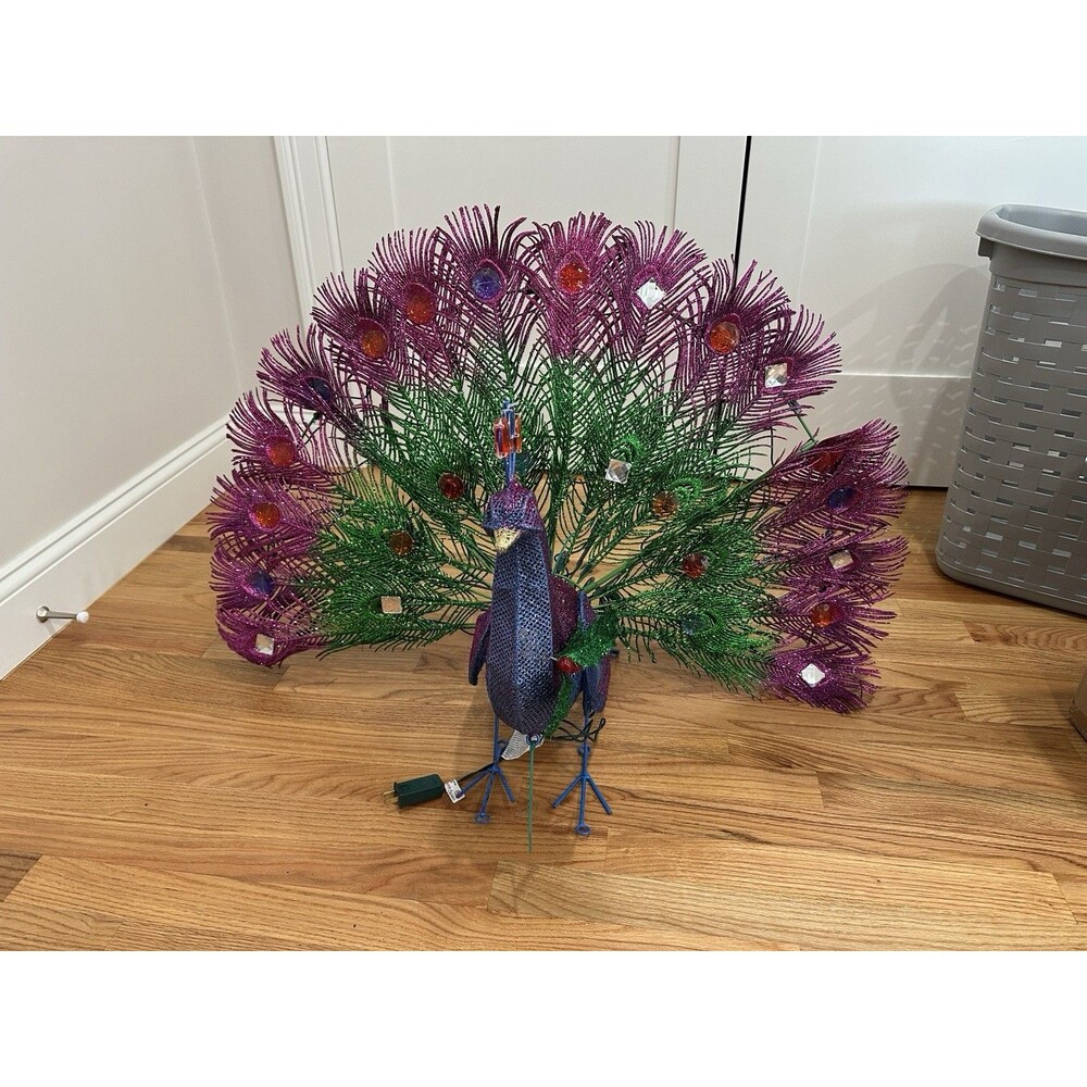NEW 3' Twinkling Christmas Peacock Tinsel LED Yard Art Decoration Holiday Living
